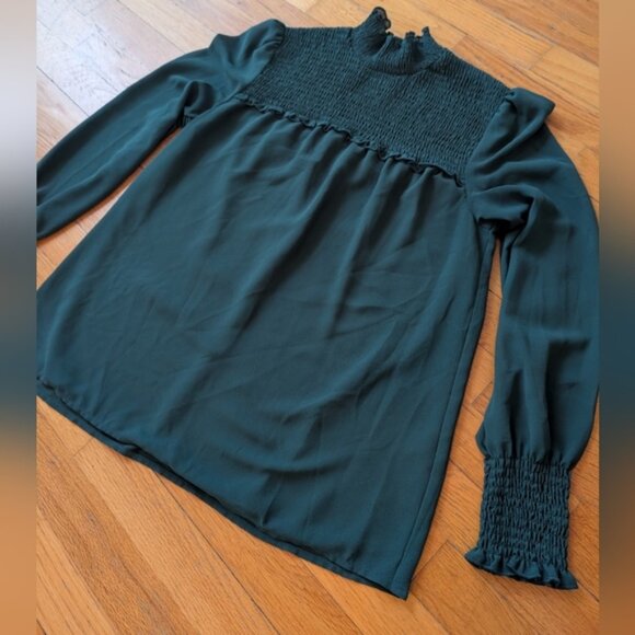 Dynamite Dark Green Smocked Blouse - Picture 1 of 4